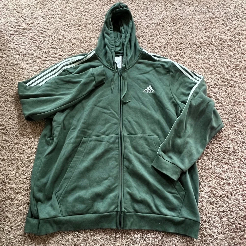 Adidas Mens Essentials 3-Stripes Full Zip Hoodie Green White 3XL